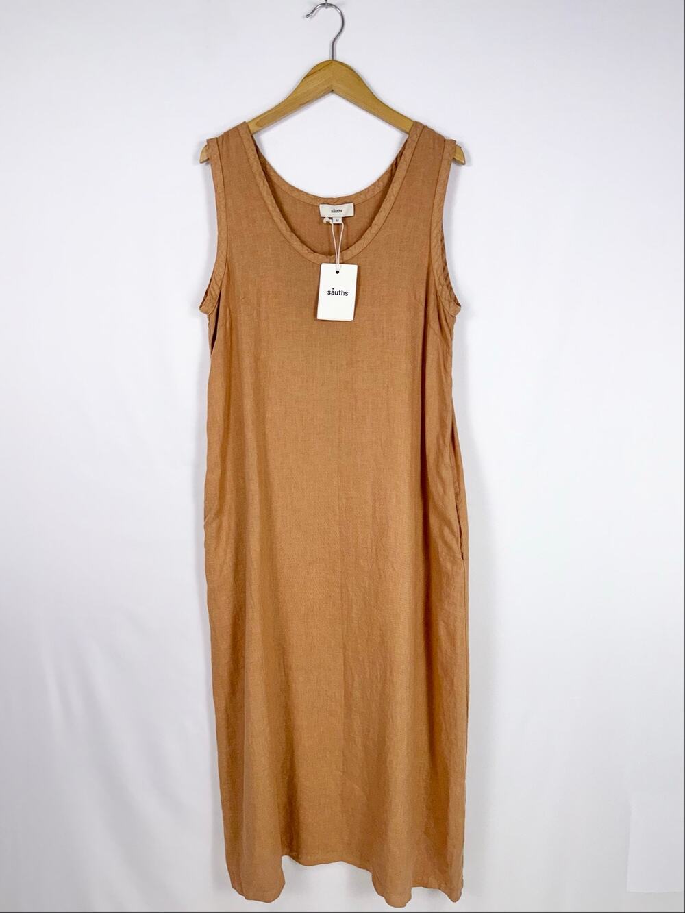 Sauths Nida 100% Linen Sleeveless Midi Dress Women's Medium Rust Pockets